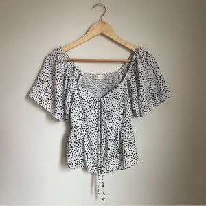 Altar'd State White and Black Puff Sleeve Blouse with Tie Front